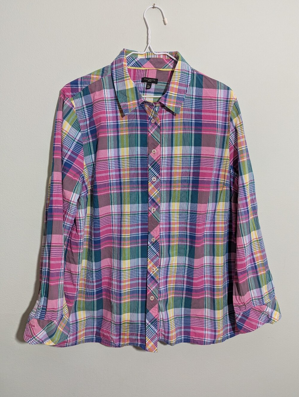 Talbots Women's XL Petite Classic Cotton Shirt Madras Plaid Pink Green Button Up